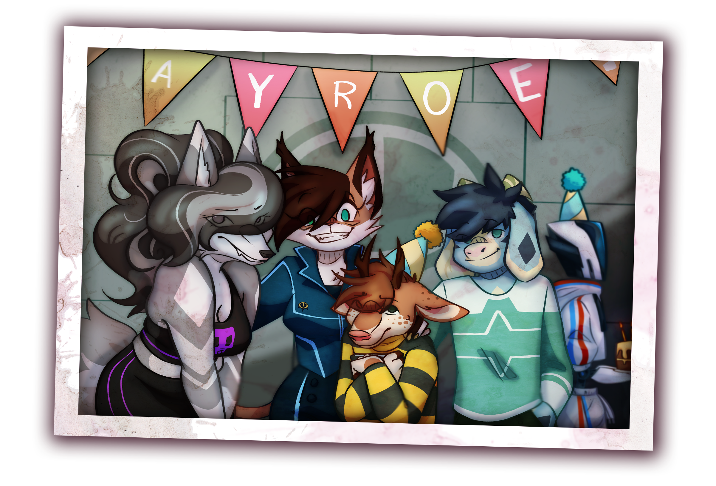 Candy, Phoebe, Roe, and Ari pose for Roe's birthday. KY32 walks in the background.
Art by @karmagicians